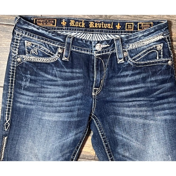 Rock Revival Sasha Capri Jeans Size 31 Bling Flap Pocket Stretch Boho Chic Style - Picture 3 of 11